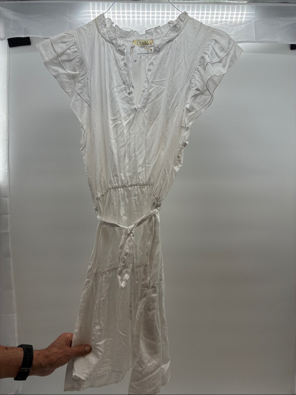 White Ruffle Sleeve Tie-Waist Dress